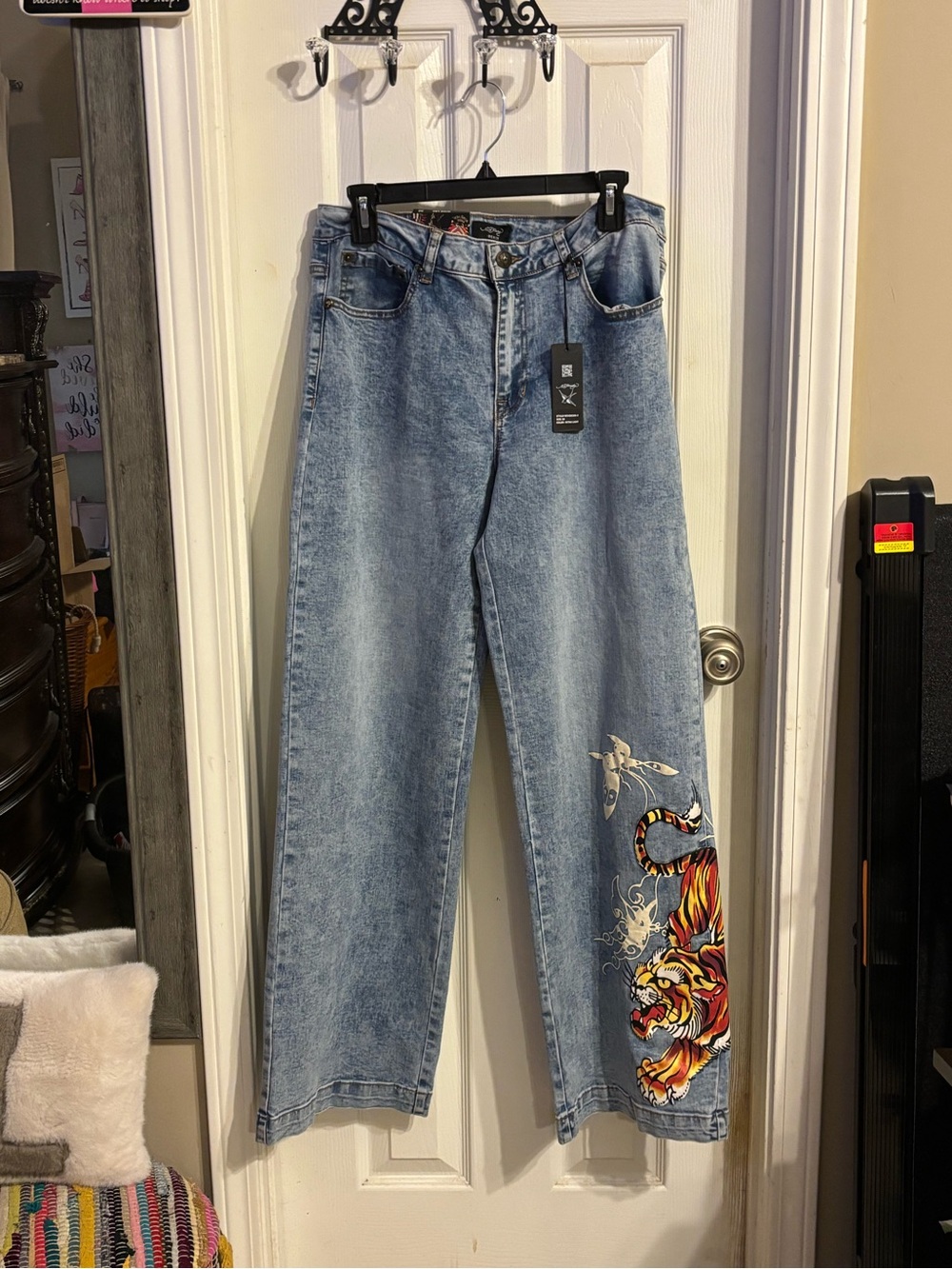 Ed Hardy Light Blue Denim Jeans with Multicolor Tattoo Print Accent